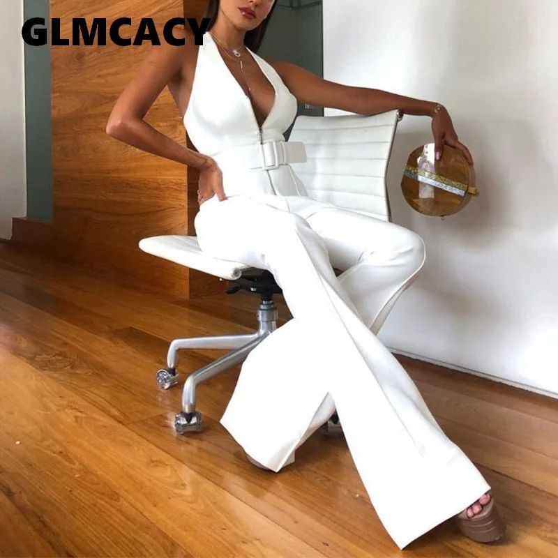 

Women Summer Elegant Jumpsuit Office Lady Sexy V Neck Sleeveless Workwear Belted Long Backless Jumpsuits Overalls