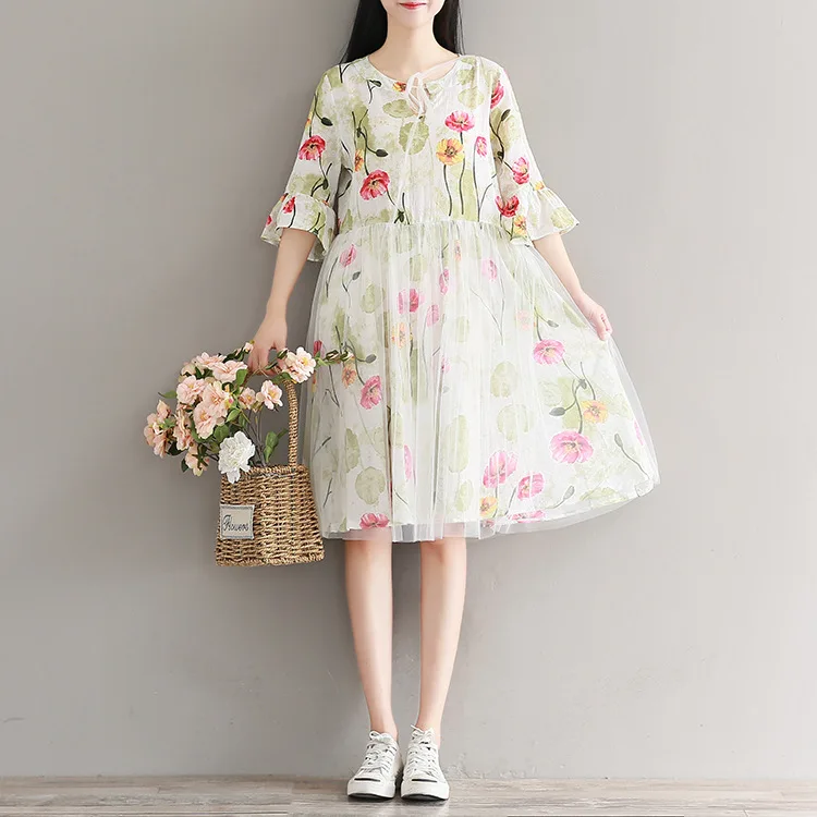 

Summer New Women Net Yarn Patchwork Floral Dress Knee-Length Half Butterfly Sleeve Casual Mesh Lace Up Dresses Sundress Femme