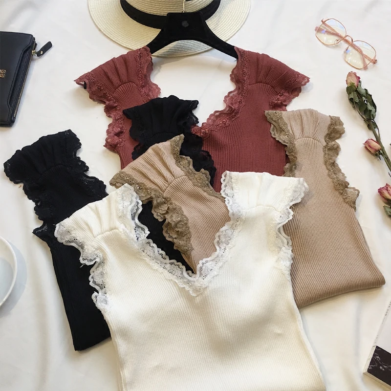 

2019 summer new women hollow out lace Knit V Neck Crop Camis sexy lady Strap Camisole Tank Shirt tops
