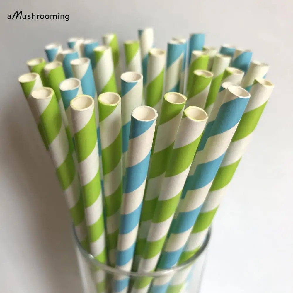 (25 pieces/lot) Blue and Green Stripe Paper Straws Vintage