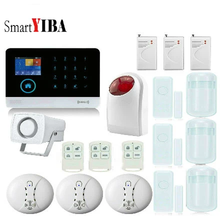 

SmartYIBA APP Control Wireless Home Security WIFI GSM GPRS Alarm System With Smoke Fire Door Window Shock Sensor Strobe Siren