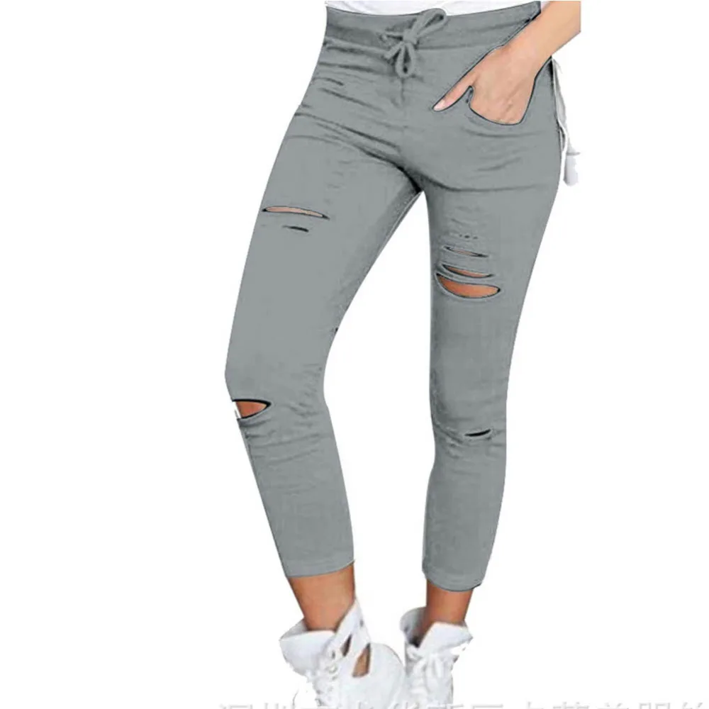 Women Trousers Hole leggings Ripped Pants Female Slim Stretch Drawstring Trousers Pants Army Green Pants Plus Size S-4XL Pants