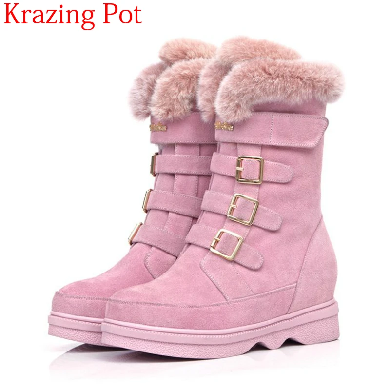 

2018 Superstar Cow Suede Fur Round Toe Pink Keep Warm Wool Luxury Snow Boots Buckle Strap Thick Bottom Women Mid-calf Boots L87