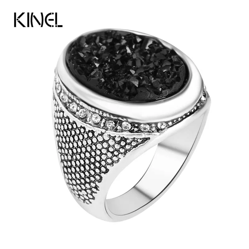 Мода, черные кольца с камнями, покрытые серебром, овальные ювелирные изделия в стиле панк-рок, обручальное кольцо для женщин