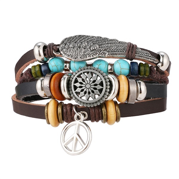 Leaf Feather Multilayer Leather Bracelet Men Fashion Braided Handmade Star Rope Wrap Bracelets & Bangles Male Gifts Jewe