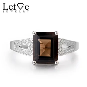 

Leige Jewelry Natural Smoky Quartz Gemstone 925 Sterling Silver Emerald Shape Vintage Style Engagement Rings For Woman