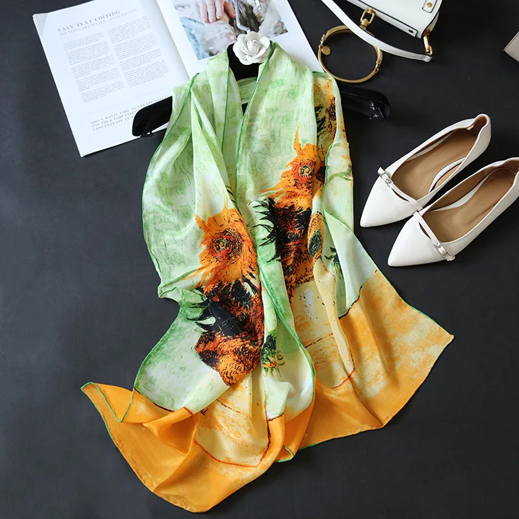 

New spring and summer scarf Oil painting Sunflower 100% Silk scarf Hand-rolled Long Beach Sunscreen Ms. shawl