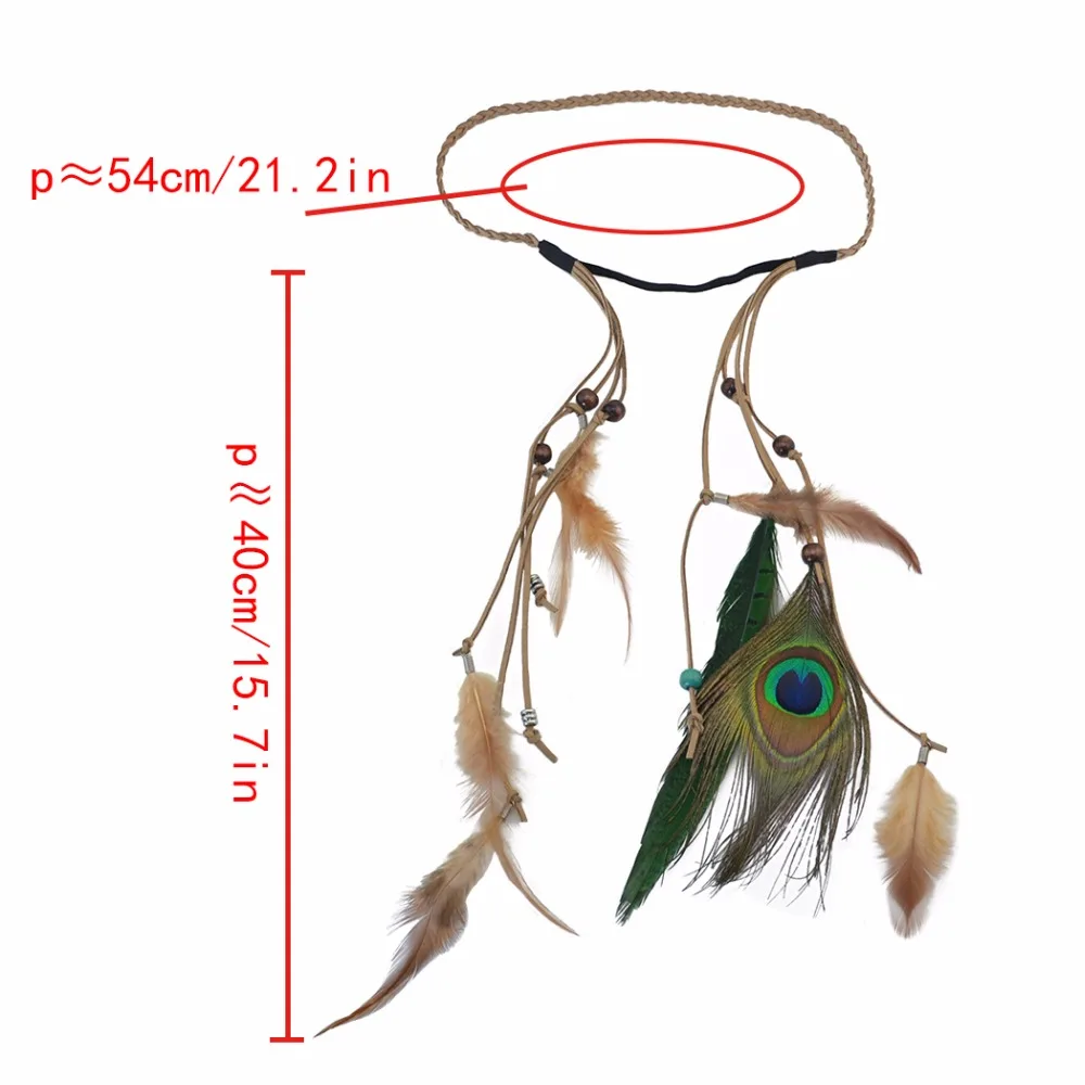 Индийский богемный Фестиваль Перо веревка головной убор для хиппи аксессуары для волос Бохо Triabl повязка на голову с перьями павлина для женщин