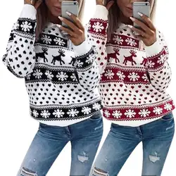 Модные новые женские Рождественские толстовки пуловер Олень Снежинка принт с длинным рукавом Зимний Свитшот спортивный костюм топы для