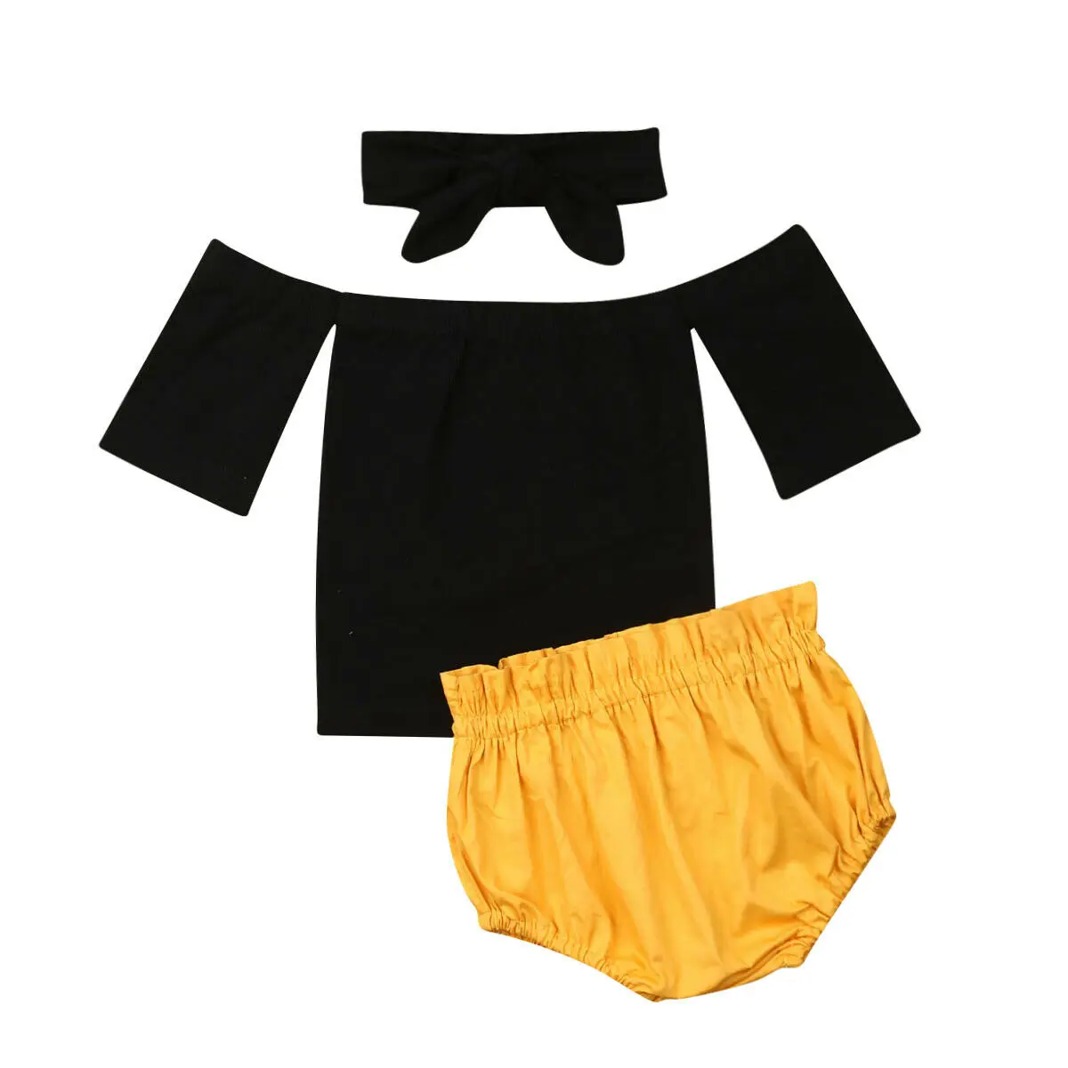 

New 3Pcs Baby Girls Summer Clothes Off Shoulder Tops+Shorts+Headband Outfits Set