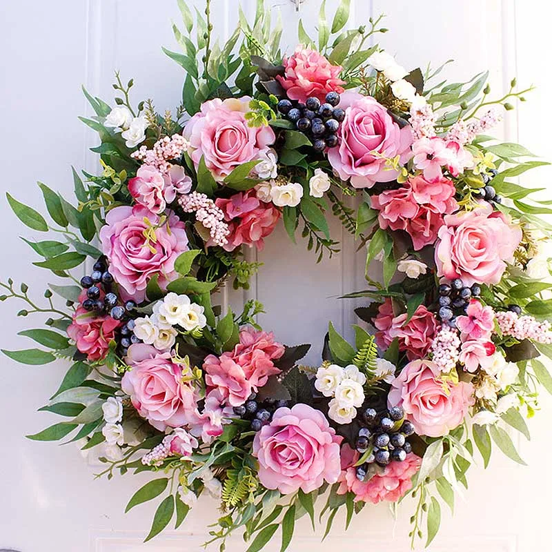 56cm Artificial Rose Flower Wreath Home Garden Wall Centerpiece Window