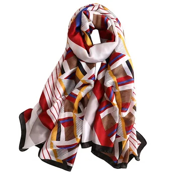 

Hot 2019 180x90cm Fashion Women Silk Bandana Luxury Striped Line Silk Scarf Female Print Head Hijab Snood Wome Foulard Shawl