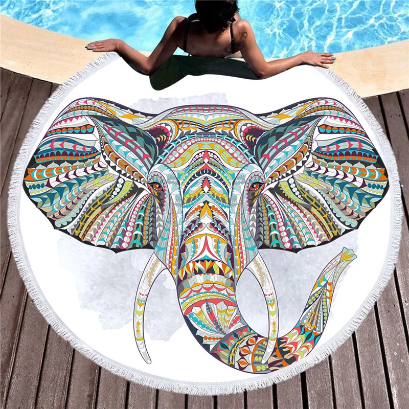 Microfiber Elephant Summer 150cm Round Beach Towel with Tassel for