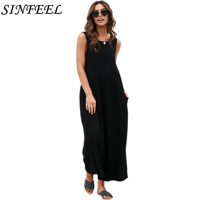 цена Fashion Wide Leg Solid Jumpsuit Sexy Sleeveless Backless Women Jumpsuits Casual Loose Pocket Basic Ladies Romper Long Pants