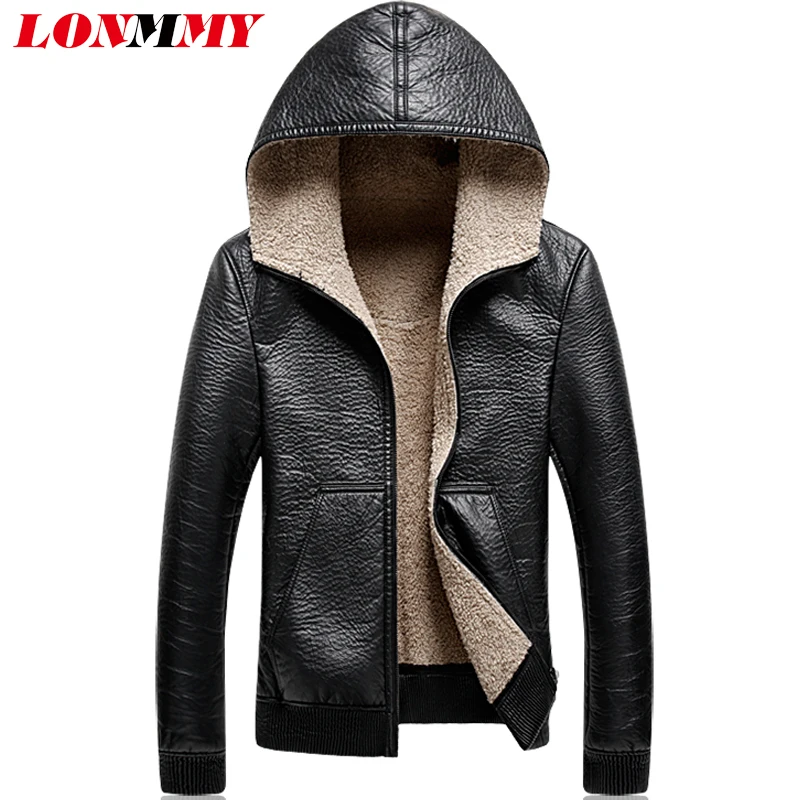 Мужская кожаная куртка с капюшоном LONMMY 5XL Черная мужская плюшевая подкладка