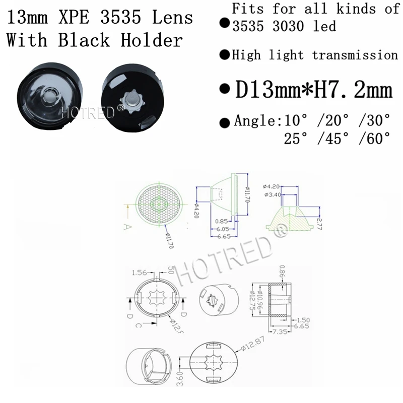 30 шт. CREE XP-E XPE/XP-G XPG/XT-E XTE 3535 3030 светодиодный объектив 13 мм белый держатель 10 градусов/20 градусов/30 градусов/25 градусов/60 градусов