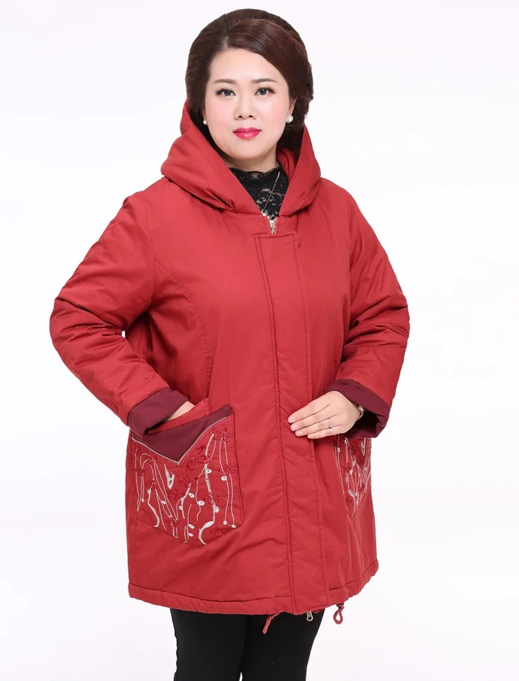 Женский зимний пуховик для среднего возраста, хлопковая куртка большого размера, Женская свободная длинная хлопковая верхняя одежда, высококачественное пальто с капюшоном, 6XL 7XL 420