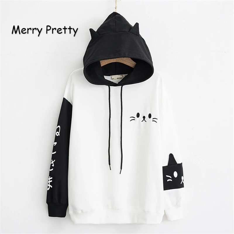 MERRY PRETTY Women Hooded Sweatshirts Fall Winter Long Sleeve Hit Color Pullover Femme Cartoon Cat