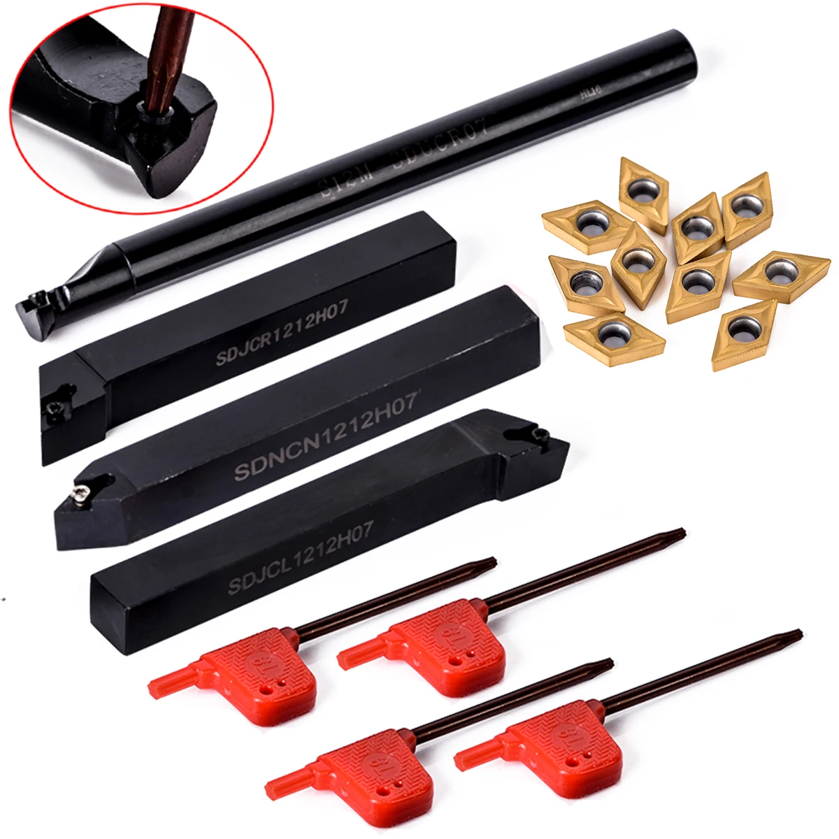 10pcs DCMT070204 Carbide Insert + 4pcs 12mm Lathe Boring Bar + 4pcs Wrench Practical CNC Turning Tool