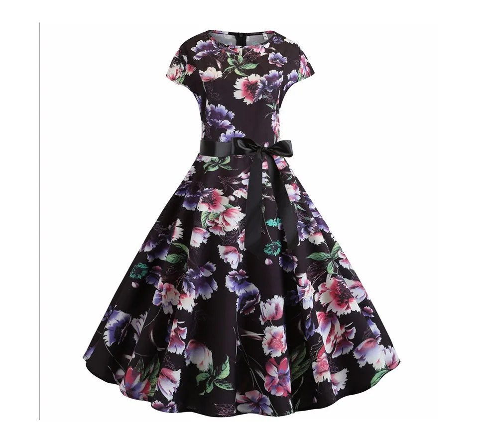 Летнее женское платье размера плюс с цветочным принтом, винтажные платья с коротким рукавом, офисные вечерние платья в стиле рокабилли, Ретро стиль, пляжные миди платья
