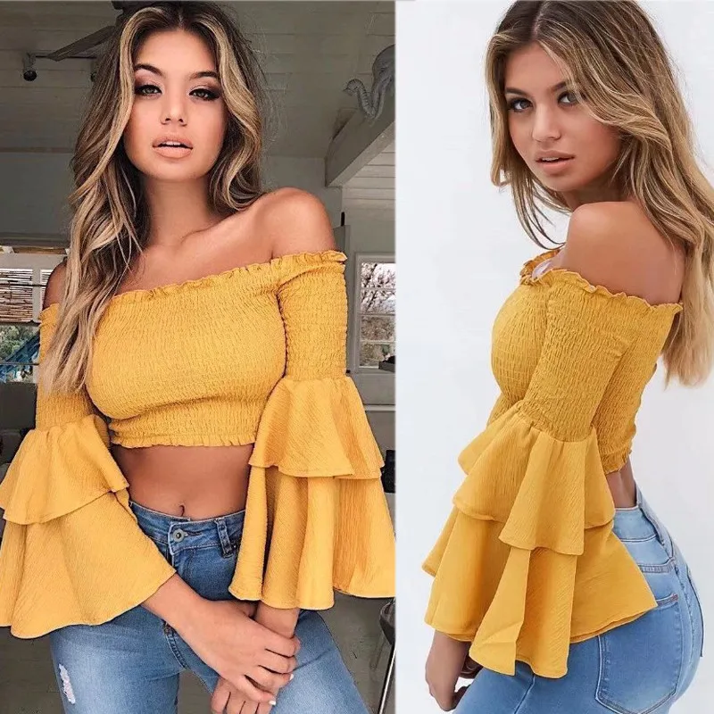 yinlinhe Yellow Off Shoulder Summer Tops Long Flare Sleeve Elasticity Sexy Crops Tops Women Backless Slash Neck Clothes 12