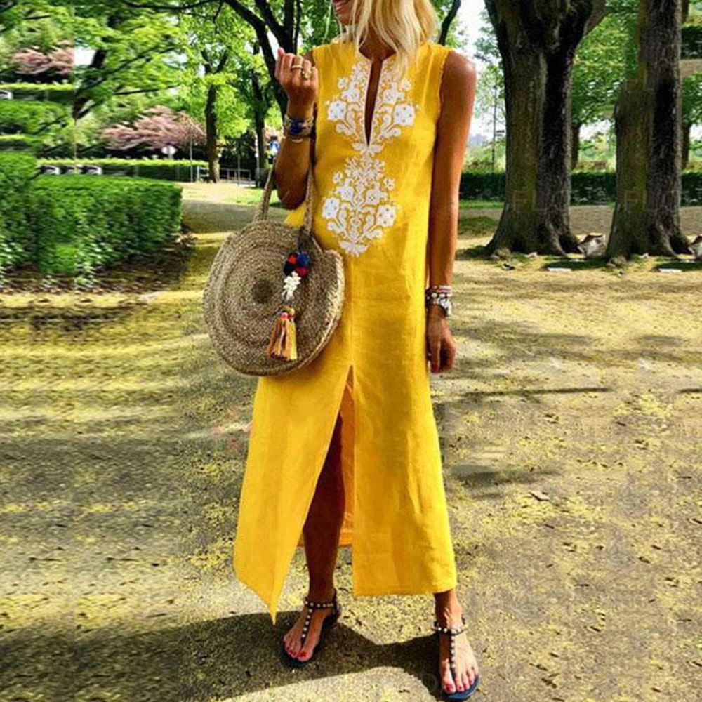 2018 Women Sexy V-Neck Cotton Linen Blend Sleeveless Loose Casual Split Long Shirt Dress