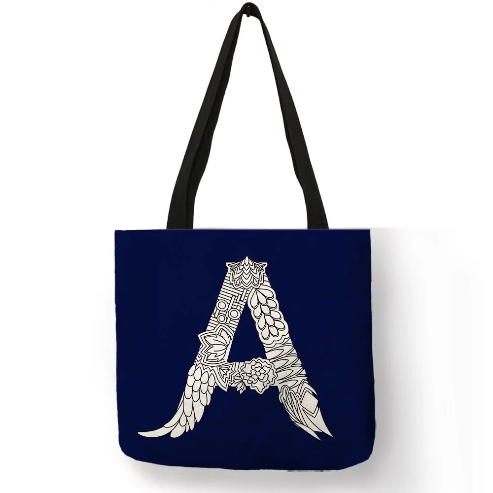 

Unique Floral Letter Printing Ladies Shoulder Bags Dark Blue White Linen Super Quality Handbag Travel Beach Foldable Tote Bag