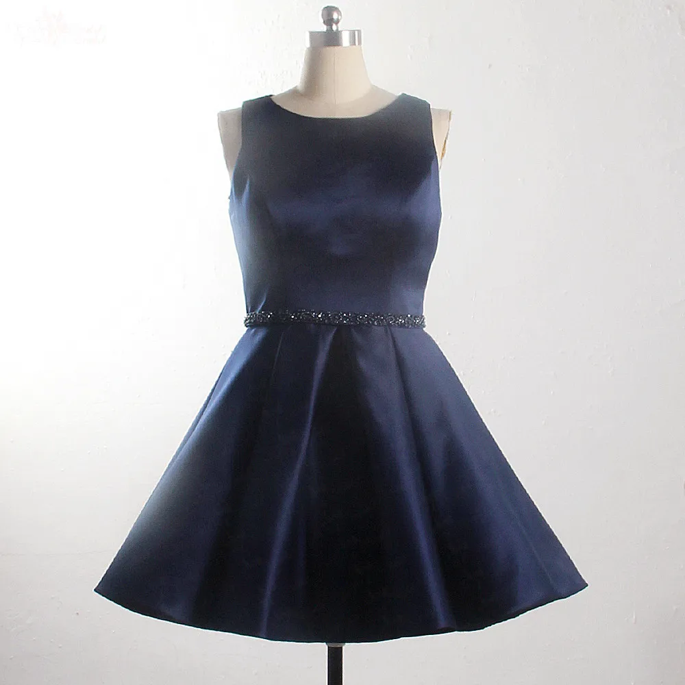 

LZF106 O-Neckline Satin Short Evening Dress Pearls Sashes Simple Dress