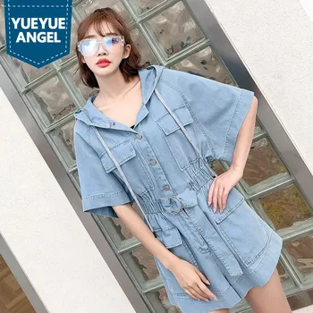 

Cap Overalls Womens Summer Denim Overalls For Women Bandage Jumpsuit Combinaison Short Femme Loose Denim Playsuits Blue XS-XL