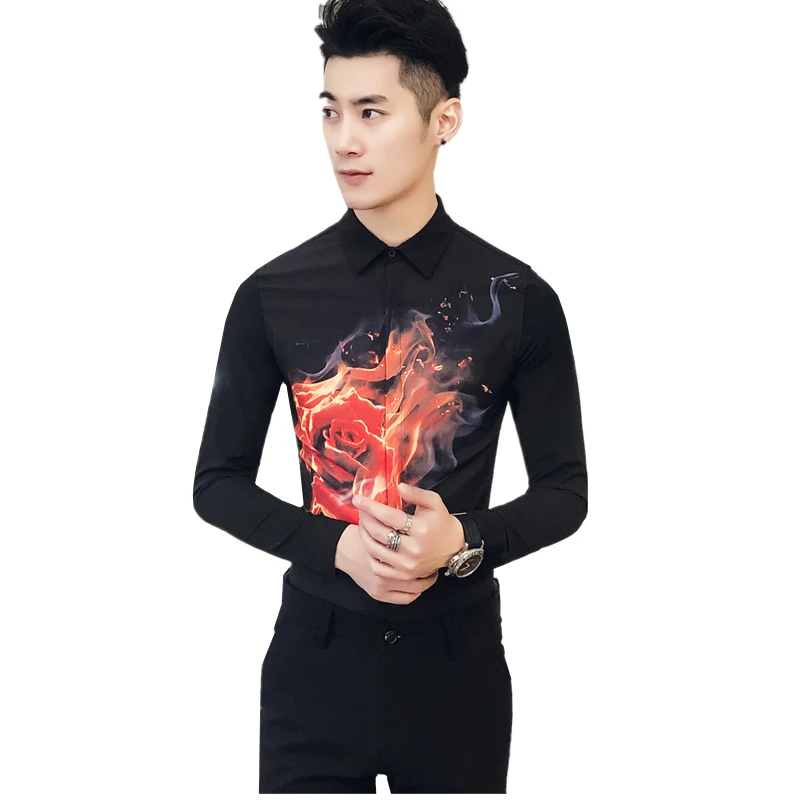 

2018 Men's Long Sleeve Flower Shirts Szie S M XL 2XL 3XL Black White Fashion Night Club Man Casual Shirt Slim Elegant