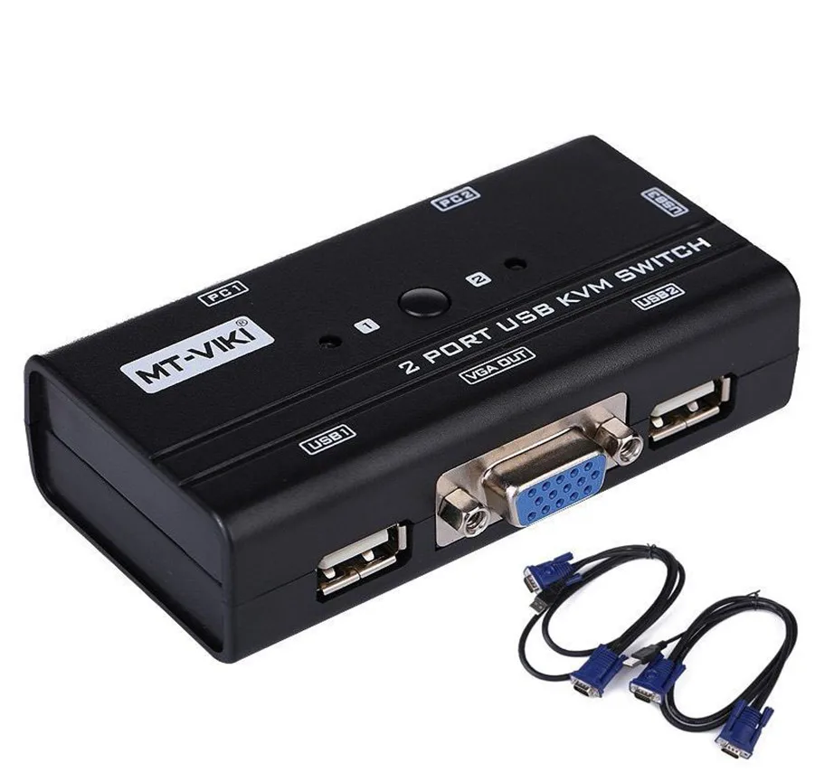 

MT-VIKI 2 Port USB VGA KVM Switch Manual Button Press Select Orginal Cables 2 PC Share 1 Monitor with Keyboard & Mouse MT-260KL