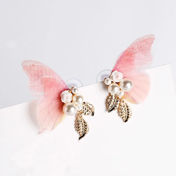 

2017 New Design Double-Deck Yarn Butterfly Wings Earings Simulated Pearl Jewelry Alloy Leaf Pendiente Earrings For Women