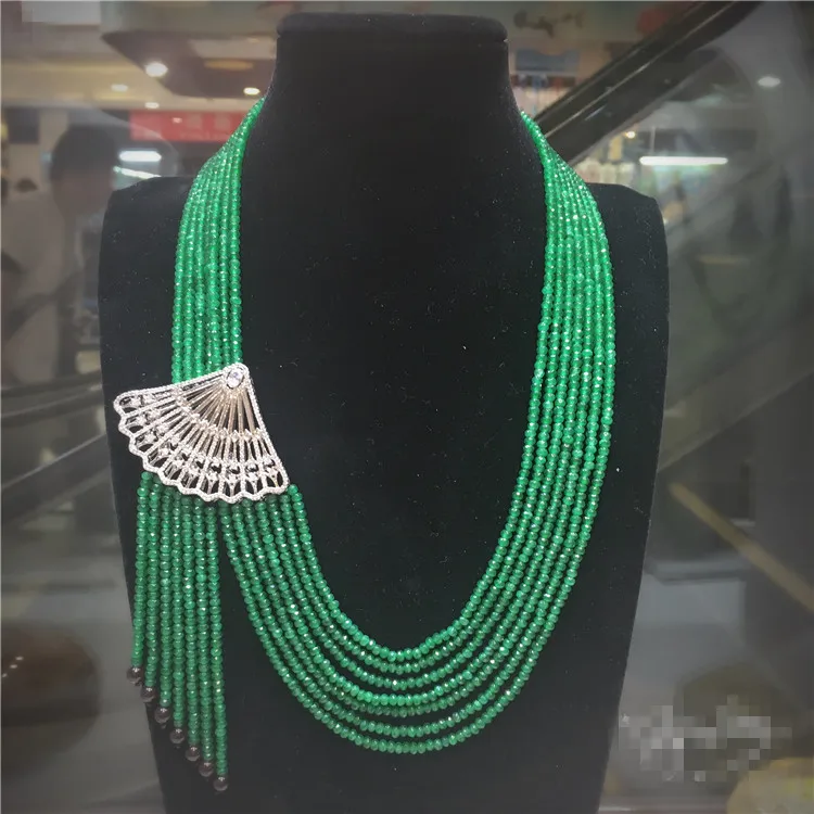 

Hot sell natural green stone micro inlay zircon clasp tassel necklace long sweater chain fashion jewelry