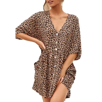 

Leopard Dress 2020 Women Chiffon Long Beach Dress Loose Long Sleeve Deep V-neck Mini Dress Sexy Party Dress Vestidos de fiesta