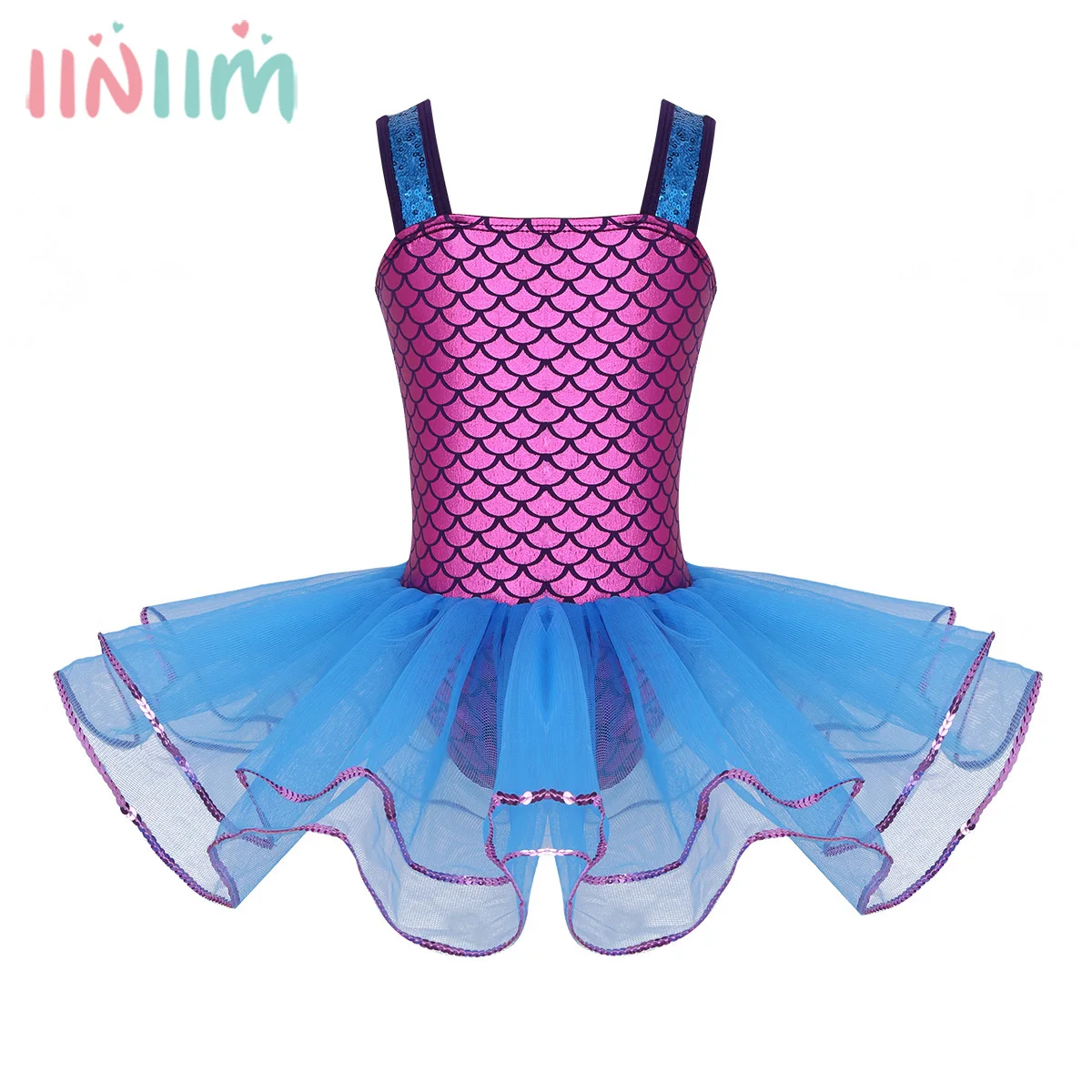 

iiniim Girls Mermaid Sequins Wide Shoulder Straps Ball Gown Performance Ballet Tutu Dancing Dresses Gymnastics Leotard Dress