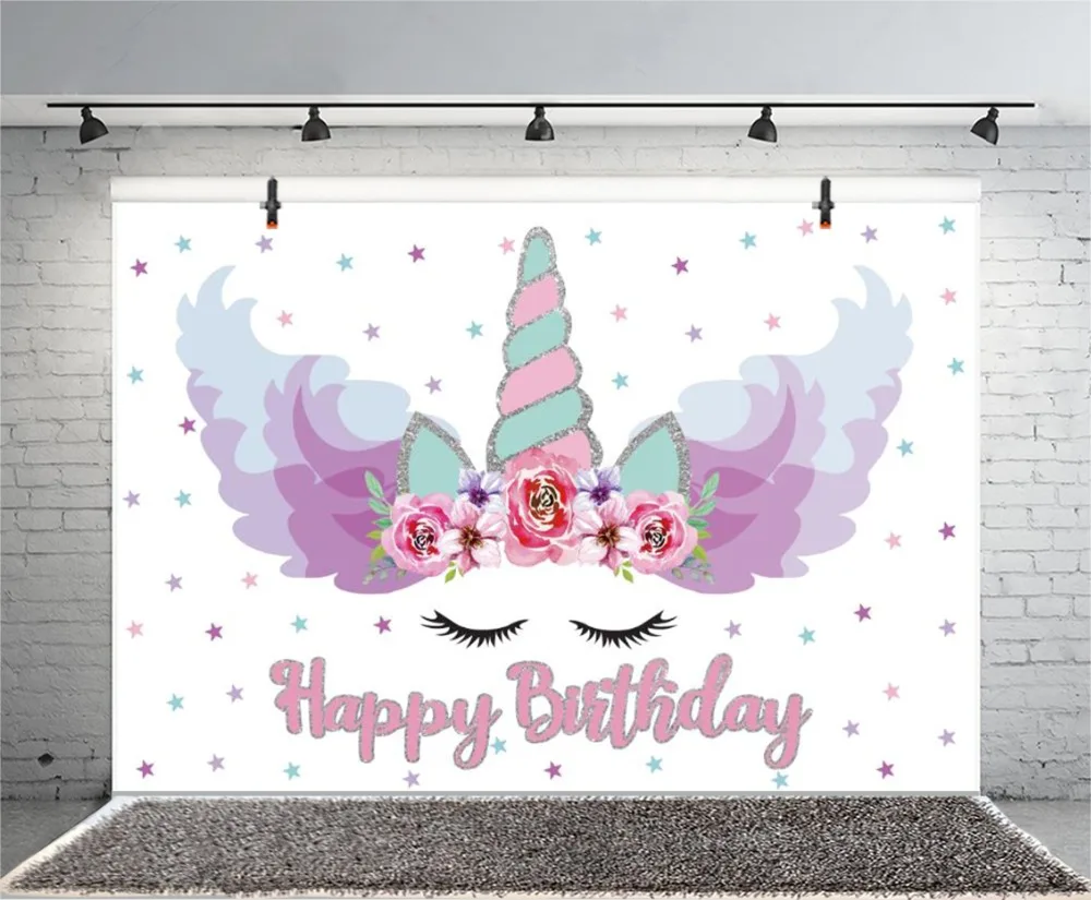 Laeacco Unicorn Birthday Party Flower Watercolor Star Child Portrait Photo Backdrops Photography Backgrounds Photo Studio