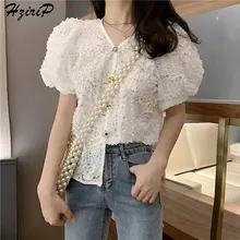 HziriP Новая летняя кружевная блузка с вышивкой и v-образным вырезом с коротким рукавом модная Элегантная универсальная Свободная шифоновая рубашка