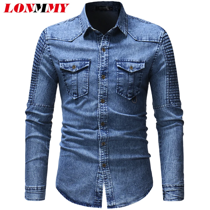 LONMMY, джинсовые мужские рубашки, повседневные, облегающие, camisa social, с длинным рукавом, джинсовая рубашка для мужчин, одежда, блузки для мужчин, blusas gray