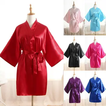 

Silk Satin Women Robes Sleepwear V-Neck Solid Belt Robe Wedding Bridesmaid Bride Gown Kimono Sexy Ladies Dressing Gowns