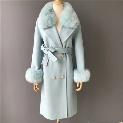 Женское шерстяное пальто, весеннее пальто с воротником из натурального Лисьего меха, шерстяная куртка с регулируемой талией, тонкое женское длинное пальто - Цвет: Blue