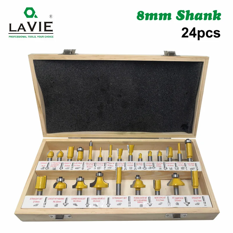 24PCS 8mm Shank DIY Woodworking Router Bits Set Milling Cutter for Wood Flush Straight Chamfer Trimming Engraving Tool MC02012