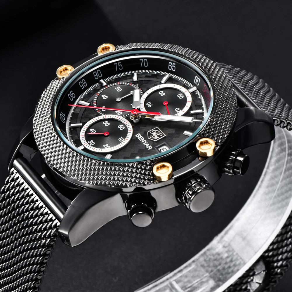 

BENYAR Luxury Brand Sport Chronograph Watches Men Mesh Band Waterproof Military Quartz Watch Relogio Masculino dropshipping