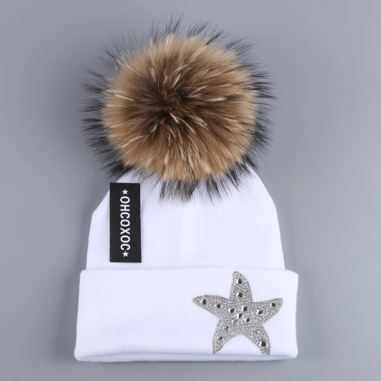 Женская зимняя шапка со звездами, фирменные шапочки, настоящие животные, мех норки, лисы, помпоны, украшенные шариками, одноцветные, сохраняющие тепло, толстые зимние шапки - Цвет: Mink Pom white hat