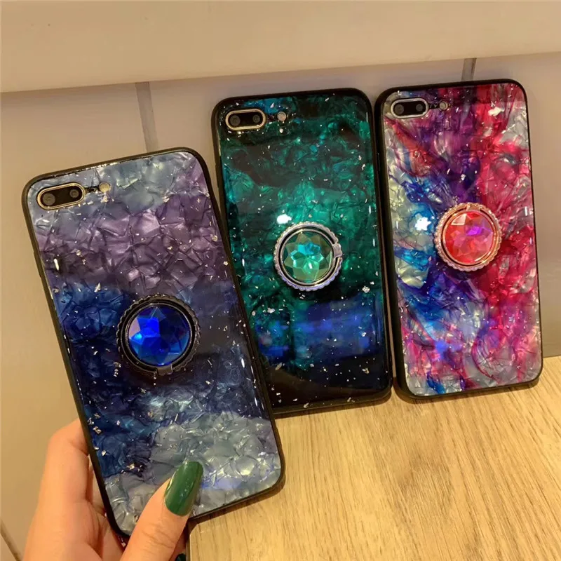 

Phone Case For iPhone X XR XS Max Colorful Conch Shell Marble With Finger Ring Holder Stand Cover For iPhone 7 8 6 6s Plus Cases