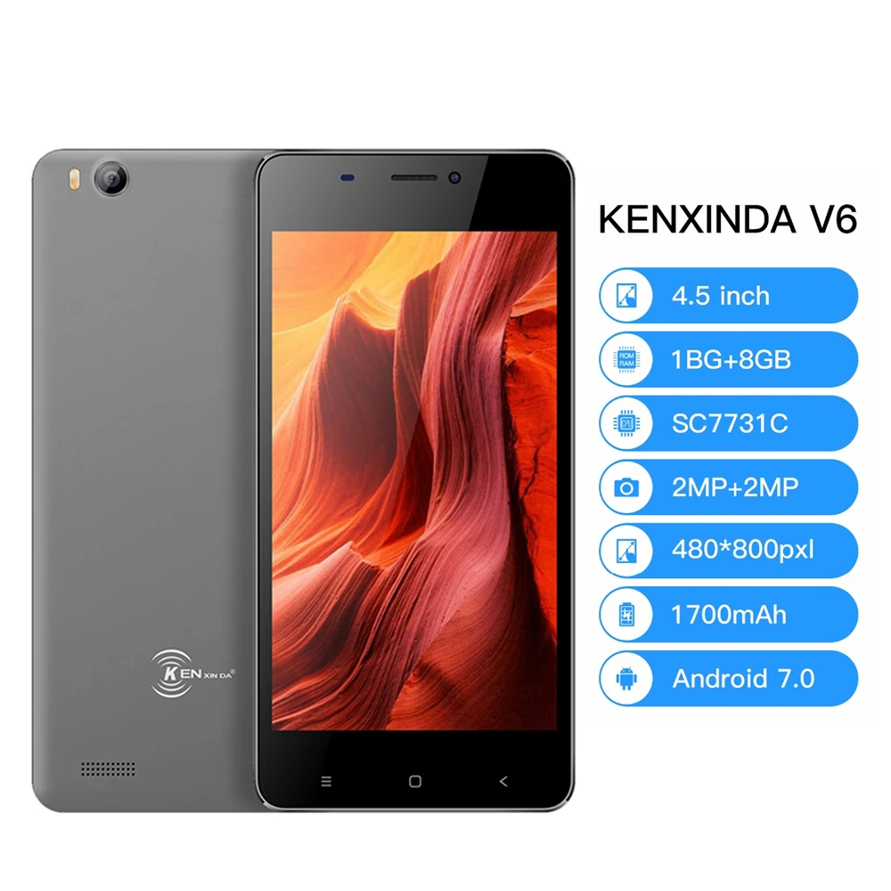 Смартфон KENXINDA V6 4 5 дюймов Android OS V 7 0 четыре ядра 1 2 ГГц ГБ ОЗУ 8 Гб ПЗУ 1700 мАч 3G две