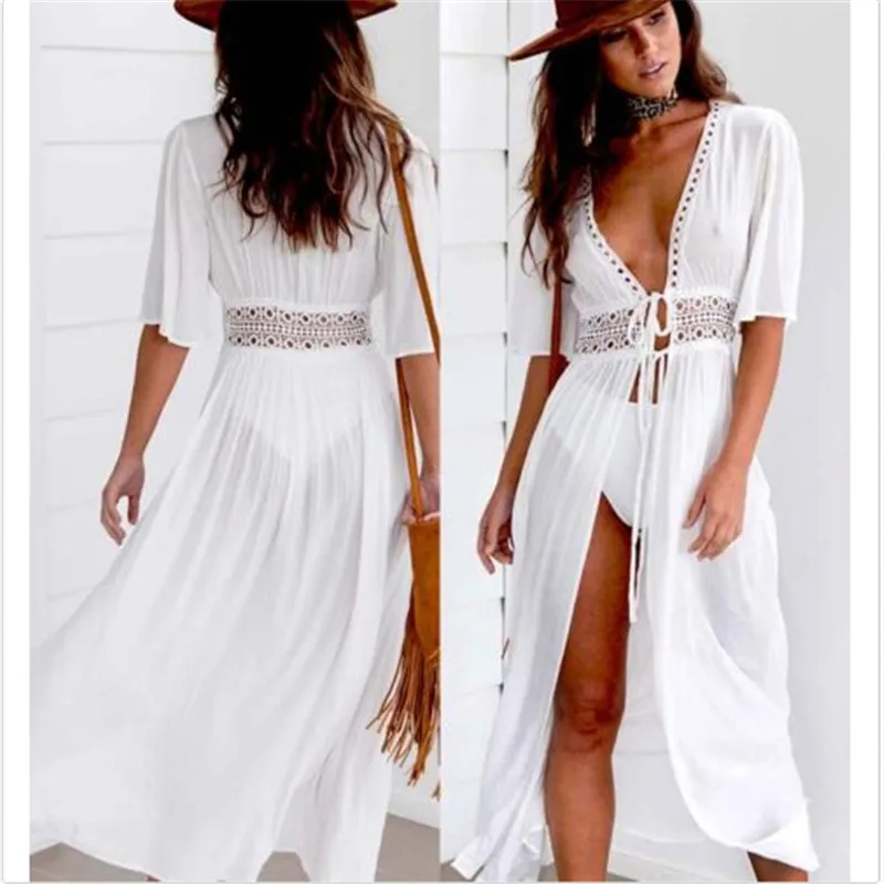 

Women Beach Cover Up Dress Swimsuit Bikini Cover Up Long Summer Dress 2019 White Hollow Out Wrap Maxi Dress Beachwear Sundress