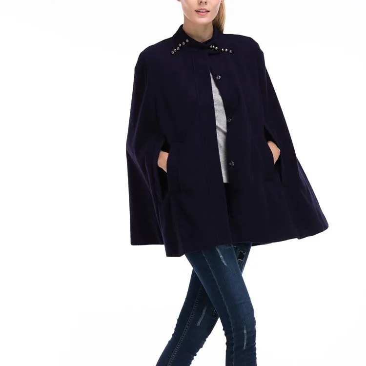 

New Autumn Winter Batwing Sleeve Turtleneck Long Cape Woman Vintage Button Woolen Coats High Street Loose Solid Cloak Outerwear