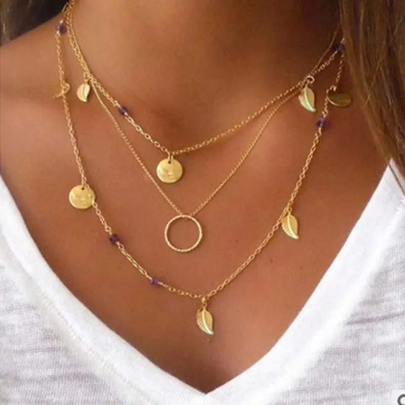 

ZCHLGR Bohemian Multi-layer Leaves Necklace Women round Vintage Necklace Fashion Layered simple Jewelry