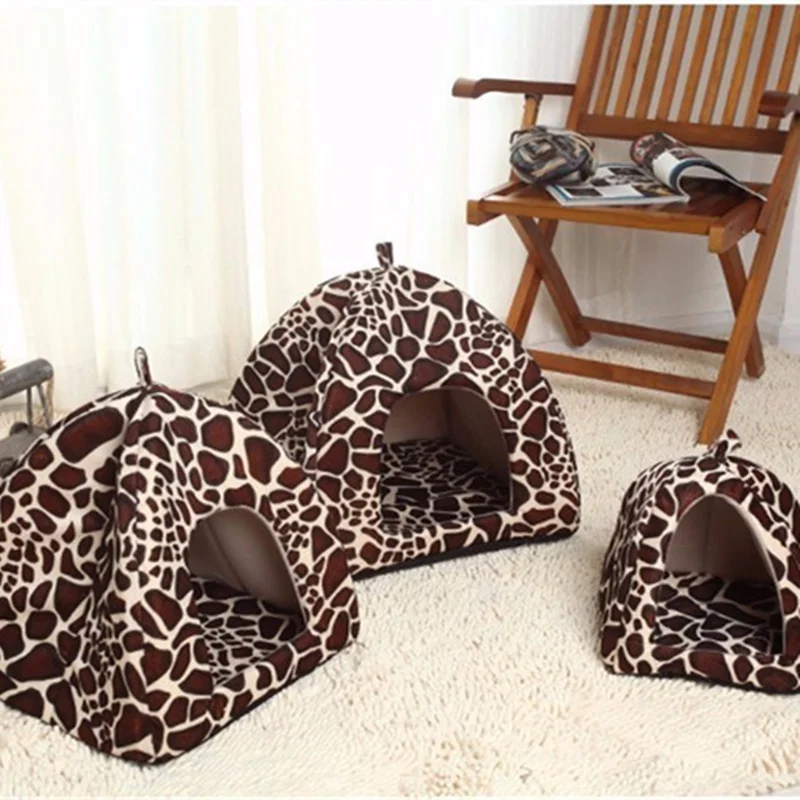

Foldable Leopard Print Dog Cat Puppy Kitten House Warm Soft Winter Cotton Pet Cat Bed Kennel Fleece Cozy Nest For Small Medium
