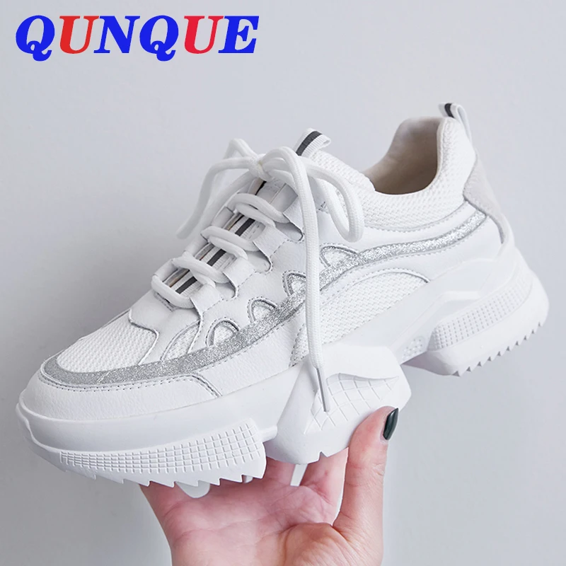 

Genuine Leather Retro Women's Chunky Sneaker 2019 Fashion Vintage Platform Women Dad Sneakers Thick Sole Shoes Flats a050